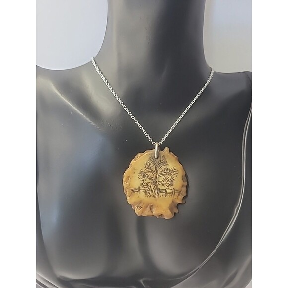 Vintage Tree Pendant Necklace Hand Etched Tree Design on Antler Look Pendant - Picture 6 of 10